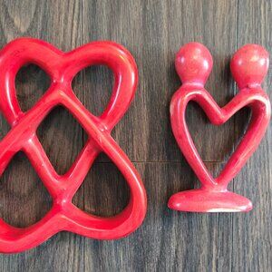 Set of Two Pieces of Abstract KISII Soapstone Art Featuring Hearts